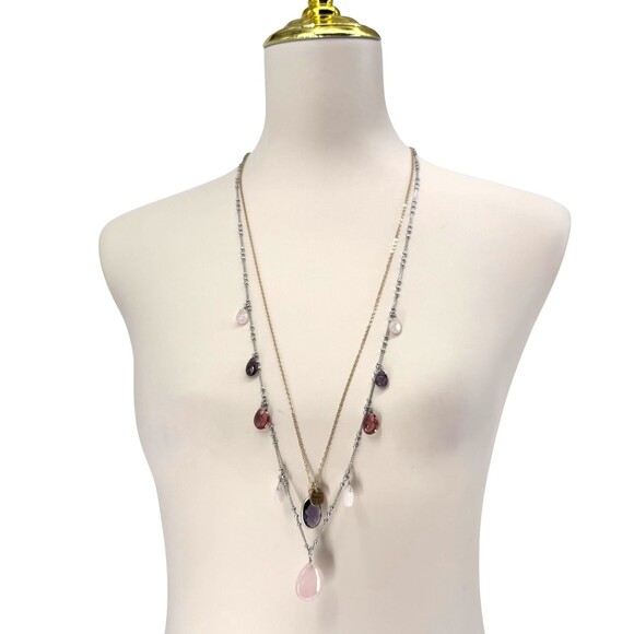 J. Jill Layered Necklace Faceted Glass Charms Iced Rose Quartz Teardrop Adjusts - Picture 9 of 15